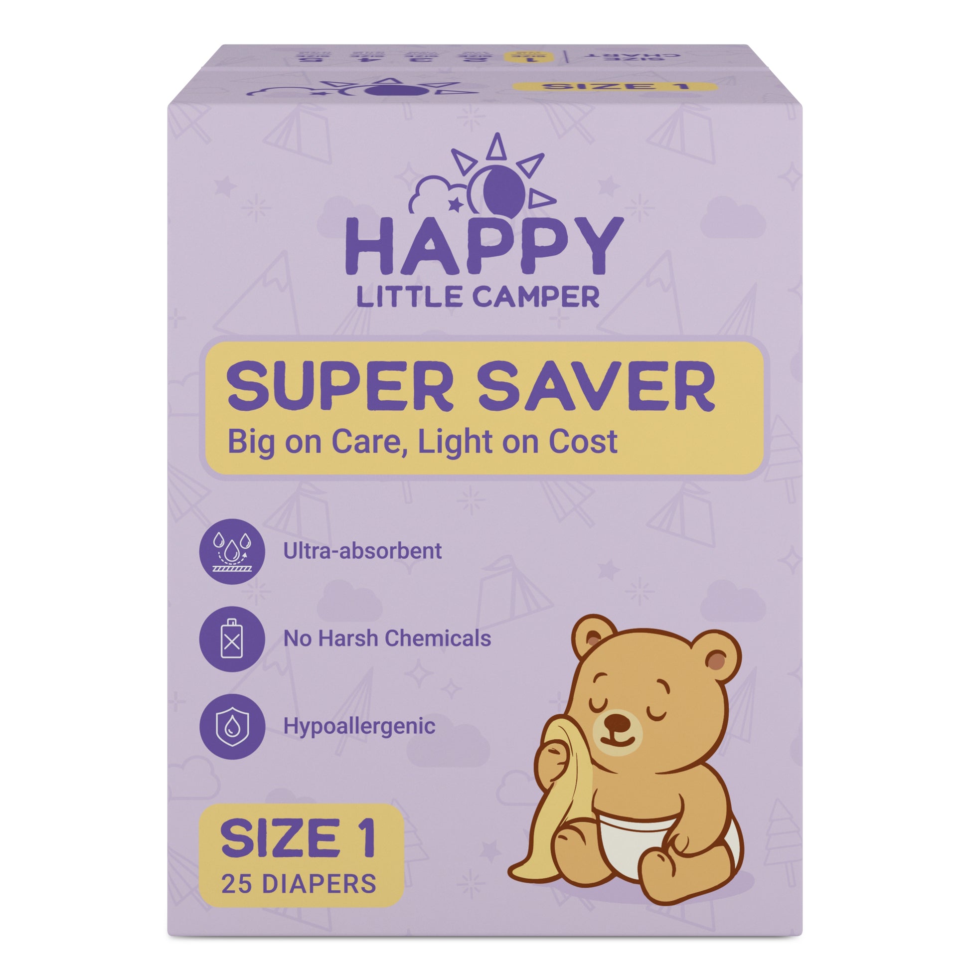 Pre-Order Happy Little Camper Super Saver Nappies, Size 1, Newborn, 2-5 kg