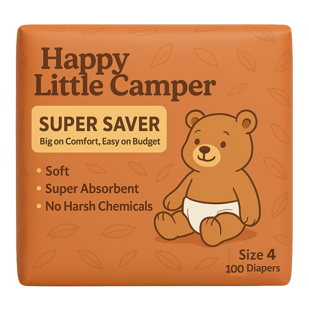 Pre-Order Happy Little Camper Super Saver Nappies, Size 4, Toddler, 10-14 kg